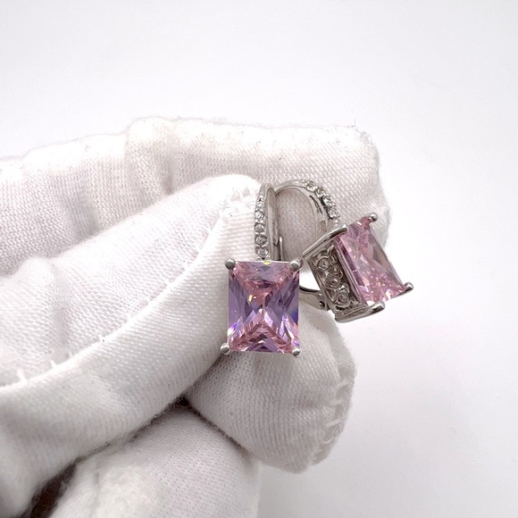 .925 Sterling Silver 9mmx7mm Rectangle Pink Cz Lever Back Earrings - Picture 5 of 13